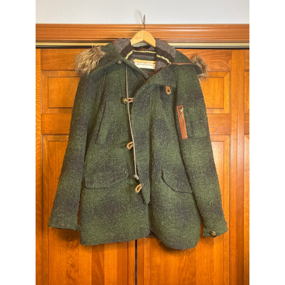 Artisan de Luxe Coat Toggle Closure Faux Fur Hood Multi Pocket Green/Brown M M - Picture 5 of 16